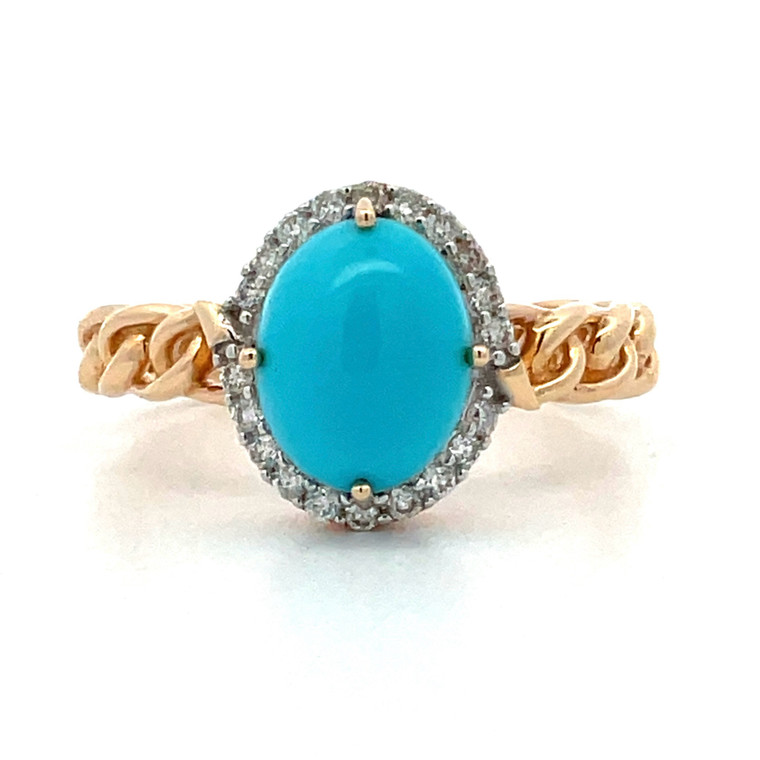 14K Yellow Gold 1.86ct Sleeping Beauty Turquoise with 0.15cttw Diamond Halo Chain Band Ring Size 6.75