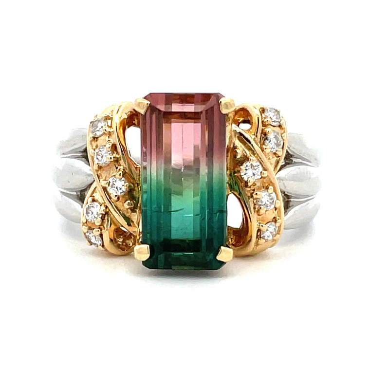Platinum/18K Yellow Gold Emerald-Cut 3.43ct Watermelon Tourmaline with 0.16cttw Diamond Accents Ring Size 6.75
