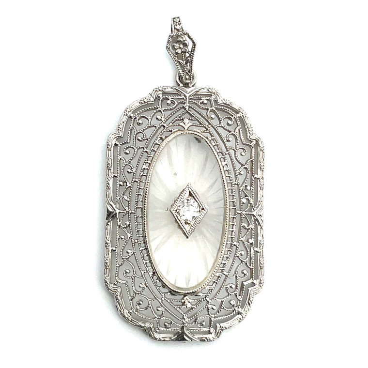 Vintage C. 1925 14K White Gold Frosted Quartz Camphor Glass Style Diamond Filigree Art Deco Pendant