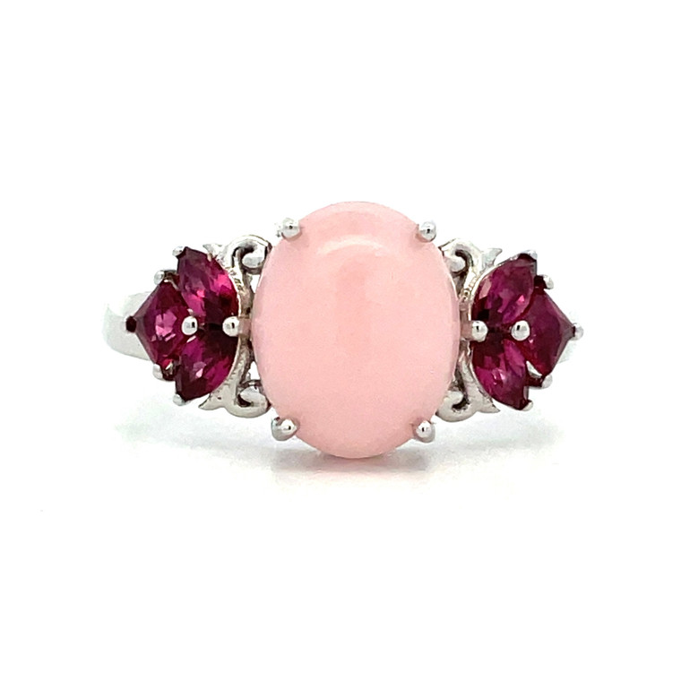 14K White Gold Cabochon AP 2.67ct Peruvian Opal With Rhodolite Garnet Accents Ring Size 7