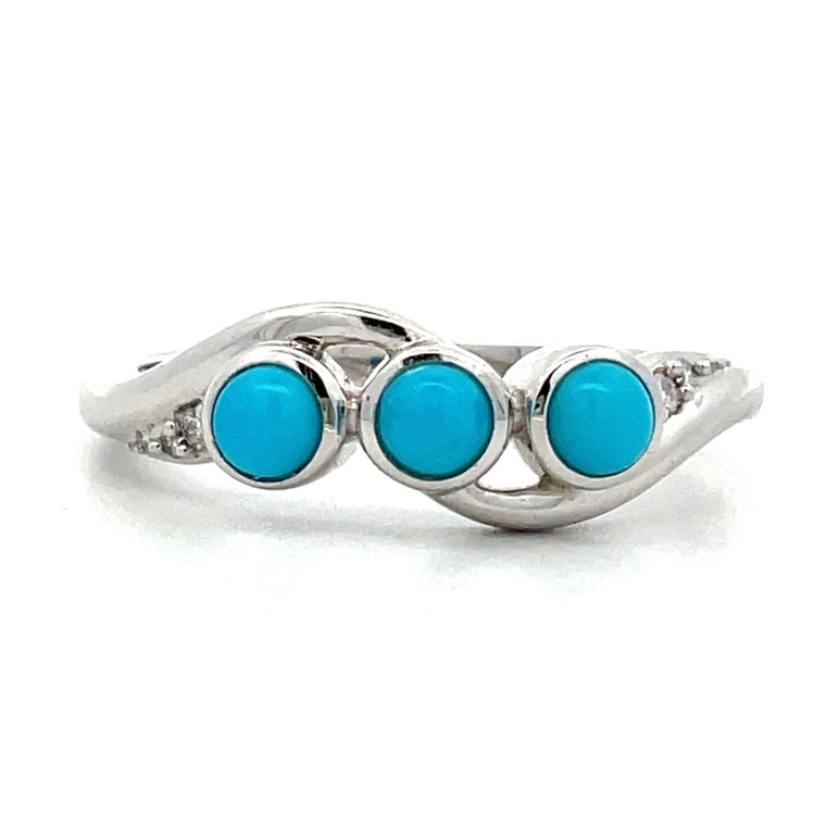 14K White Gold Three Stone Sleeping Beauty Turquoise with Diamond Accents Ring Size 6.75