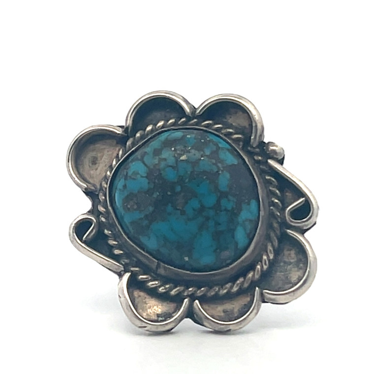 Sterling  Silver Turquoise Floral Navajo Style Statement Ring Size 7