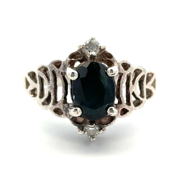 Sterling Silver Oval Cut Black Onyx with CZ Accents Vintage Inspired Ring Size 5