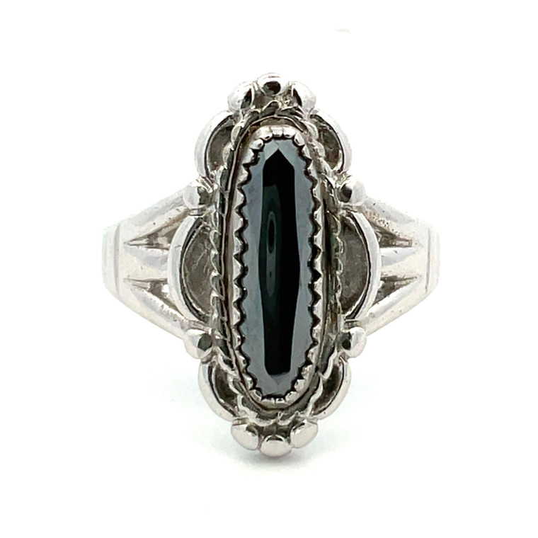Sterling Silver Oval Cut Hematite with Flower Setting Split Shank Band Ring Size 6.5