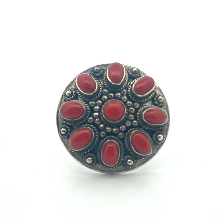 Sterling Silver Coral South Western Style Cluster Ring Size 6