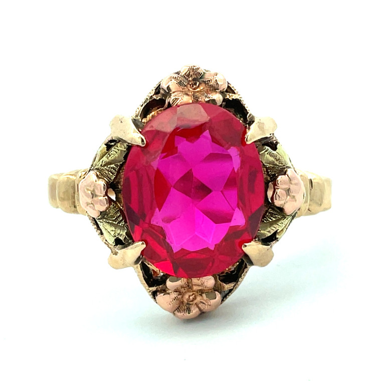 Antique 10K Yellow Gold Floral Design Faceted Oval Created Ruby Estate Ring Size 6.5