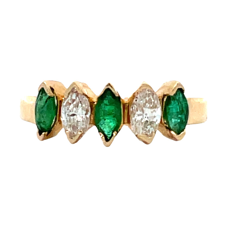 14K Gold Alternating 3-Emerald Marquise and 1/3tw 2-Diamond Marquise Ring Size 5