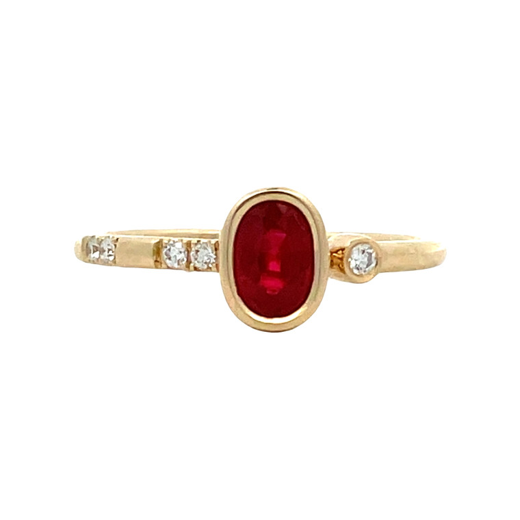 14K Gold .66ct Ruby Oval with Offset .06tw Diamond Bezel Accents Ring Size 6.5