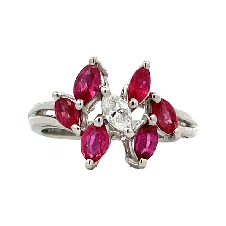 Platinum 900 .97tw Ruby Teardrop Petals Surrounding a .11tw Diamond Teardrop Petal Cluster Ring Size 4.75