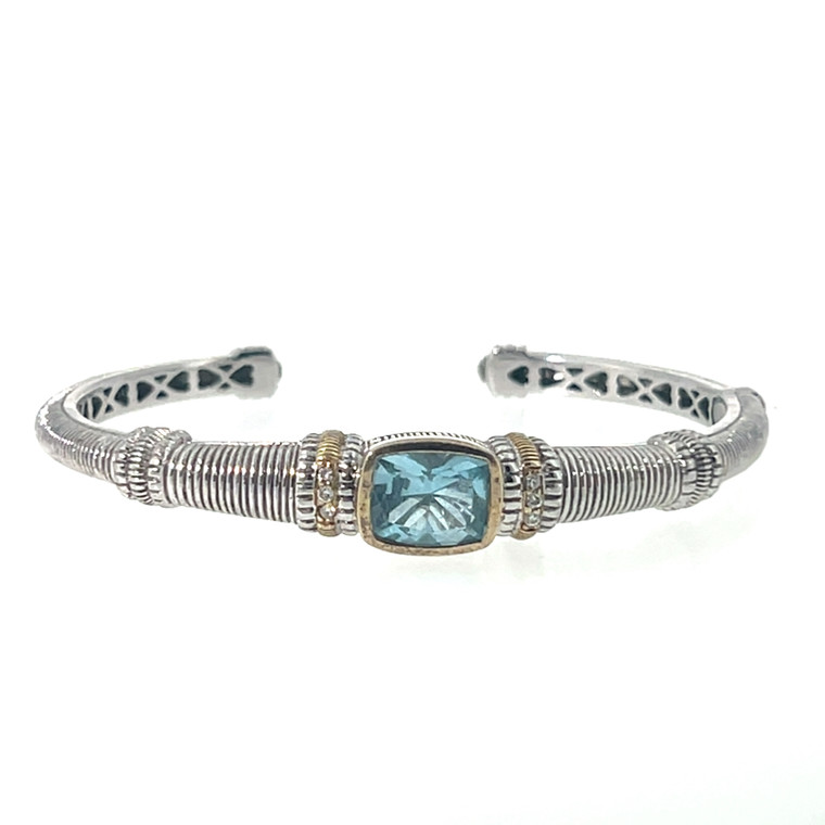 Judith Ripka Two Toned Sterling Silver 18K Blue Topaz Bezel Set With Diamond Accents Cuff