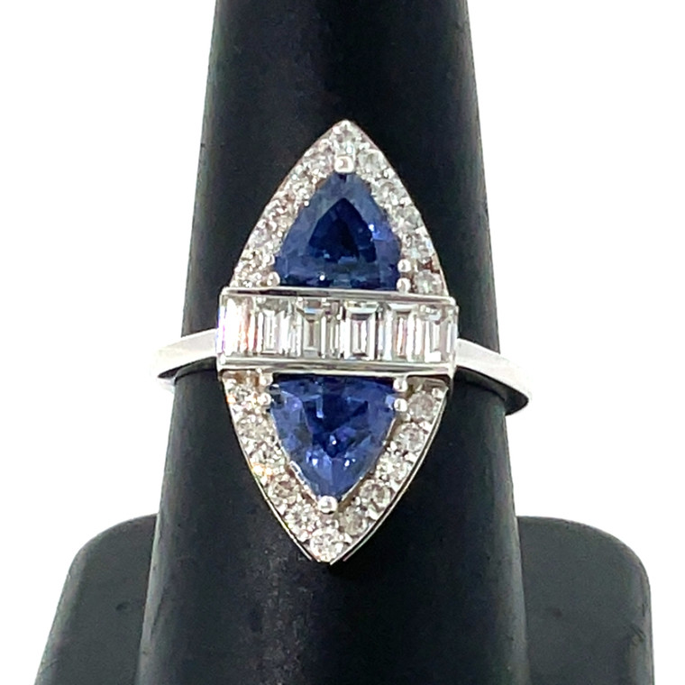 14K White Gold 2cttw. Double Sapphire Trillion-Cut with a 1cttw. Diamond Band and Halo Ring Size 8