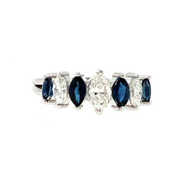 14K White Gold Alternating 4-Sapphire Marquise and 5/8tw 3-Diamond Marquise Ring Size 5.5