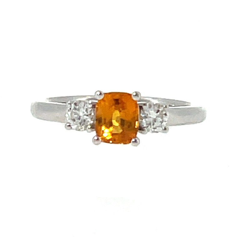14K White Gold Central Gold Sapphire Oval with Bilateral .29tw Diamond Bezels Ring Size 6.25