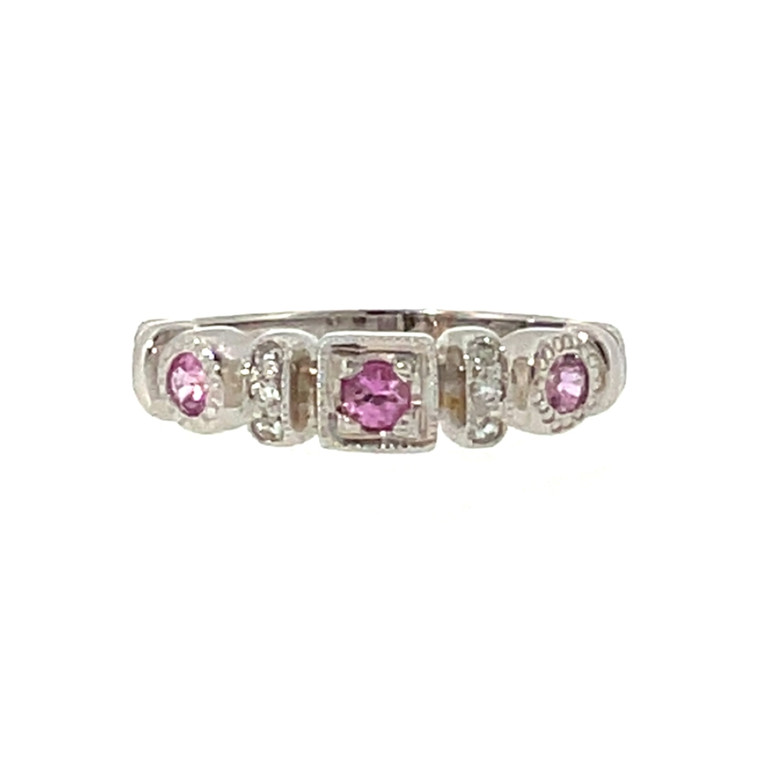 14K White Gold Alternating 3-Pink Sapphire Bezels with Bilateral Stacked Diamond Bezels Ring Size 7