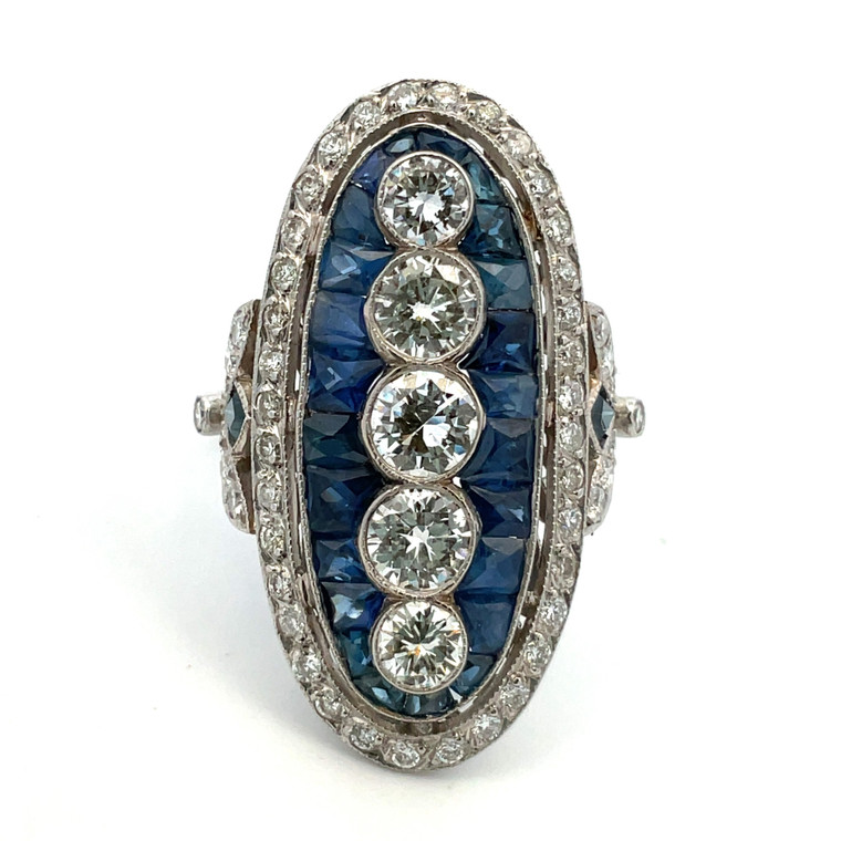 Vintage Platinum 1.5cttw Diamond 2cttw Sapphire Accented Shield Estate Ring Size 6.75