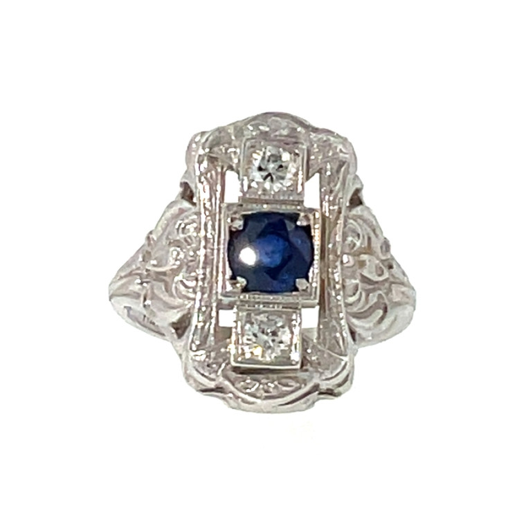 14K White Gold Art Deco Design with a Central Blue Stone Bezel and Vertical Bilateral Diamond Bezels Rectangular Ring Size 6.5
