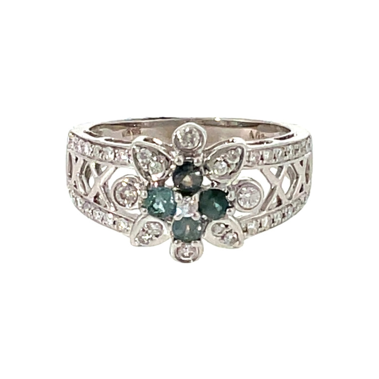 18K White Gold .31ctw Alexandrite Center Flower with .40ctw Diamond Flower Petals and Accents Ring Size 6.75