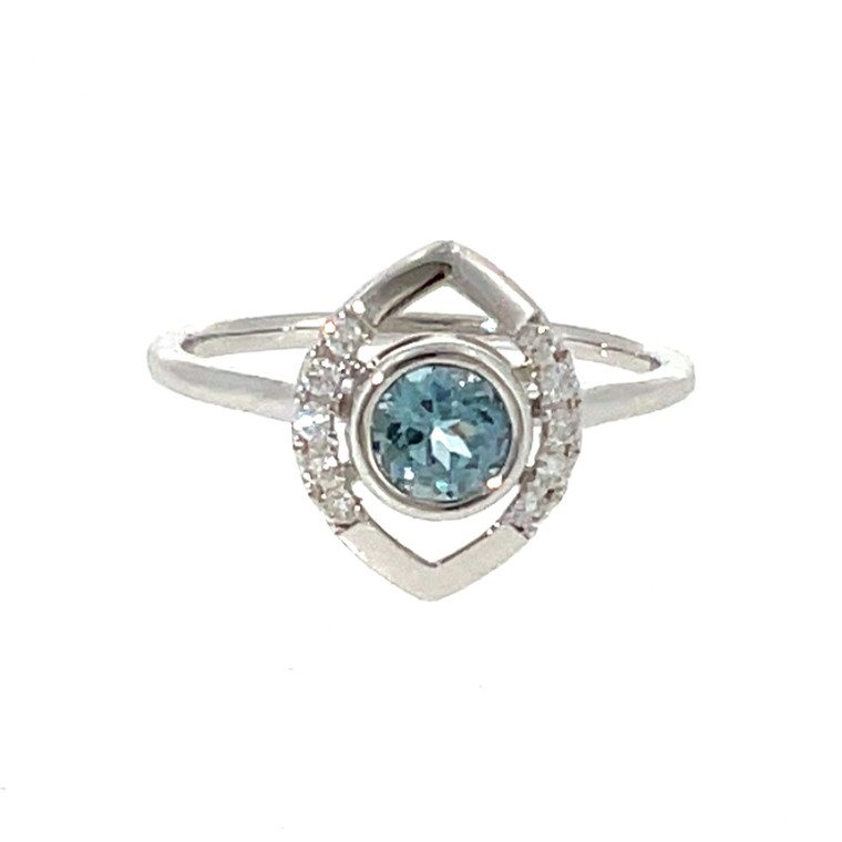 14K White Gold .49ct Aquamarine Bezel with 1/10tw Diamond Half Halo Marquise Ring Size 6.5