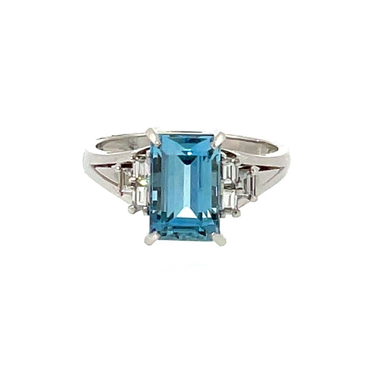 Platinum 900 2.42ct Aquamarine Rectangle with Bilateral .32ctw Diamond 3 Rectangles Ring Size 7.25
