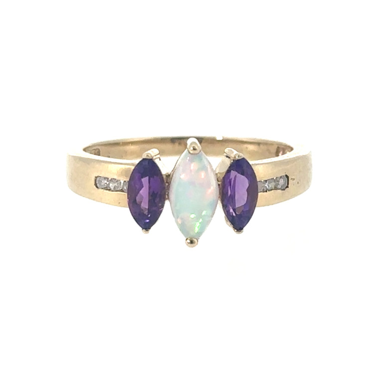 10K Gold Central Fire Opal Marquise with Bilateral Amethyst Marquise and .06tw Diamond Bezel Accents Ring Size 7.25