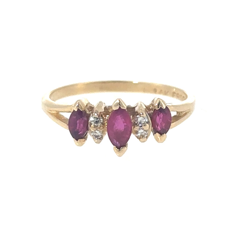 14K Gold Alternating Marquise of 3-Ruby and 2-Diamond Ring Size 6