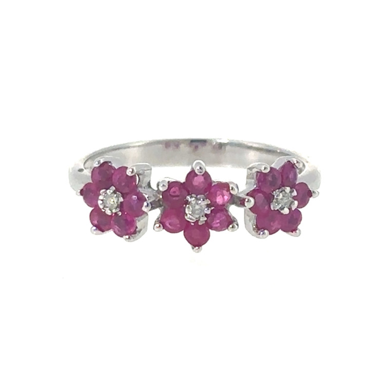 10K White Gold .90tw 3-Ruby Flowers with .04tw Diamond Centers Ring Size 7.25