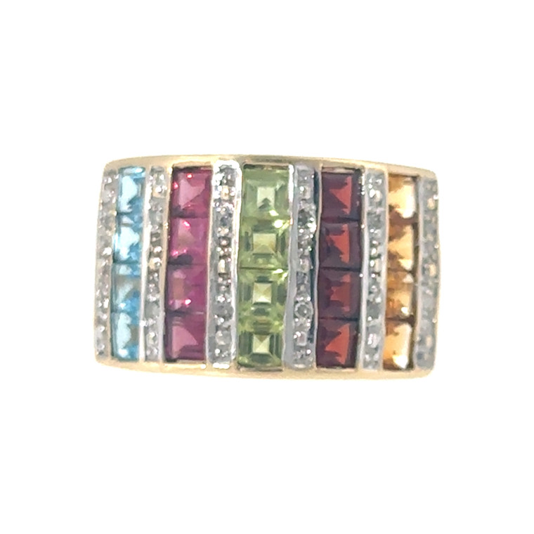 14K Multi-Gem Vertical Striped Chunky Ring Size 6.75