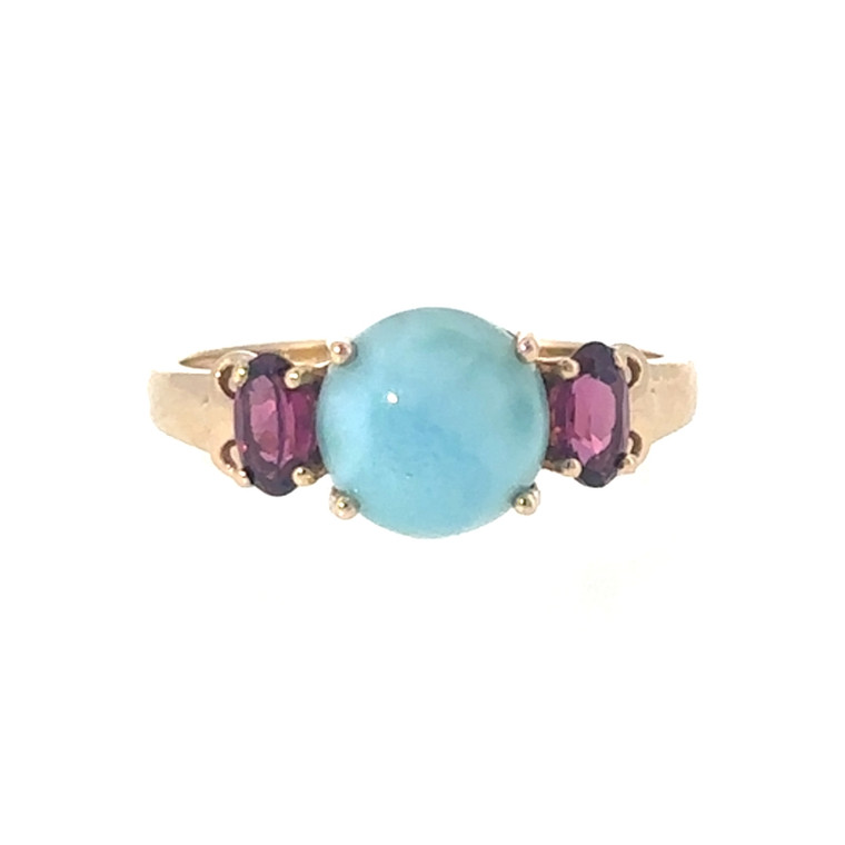 14K Gold Central Larimar Circle with Bilateral Rhyolite Ovals Ring Size 7