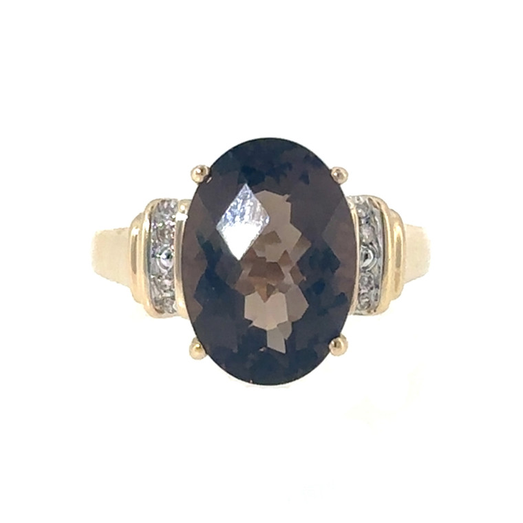 10K Gold Smokey Quartz Oval with Bilateral Diamond Stacked Bezels Ring Size 6.75