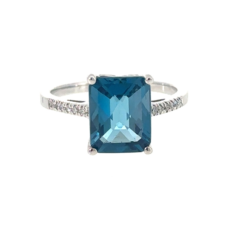 14K White Gold London Blue Topaz Rectangle with Bilateral Diamond Bezel Accents Ring Size 7