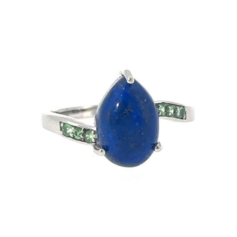 14K White Gold Lapis Teardrop with Bilateral Green Tanzanite Bezel Accents Off-Centered Ring Size 7