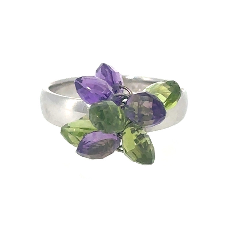 10K White Gold Amethyst and Peridot Teardrop Dangle Cluster Ring Size 6.5