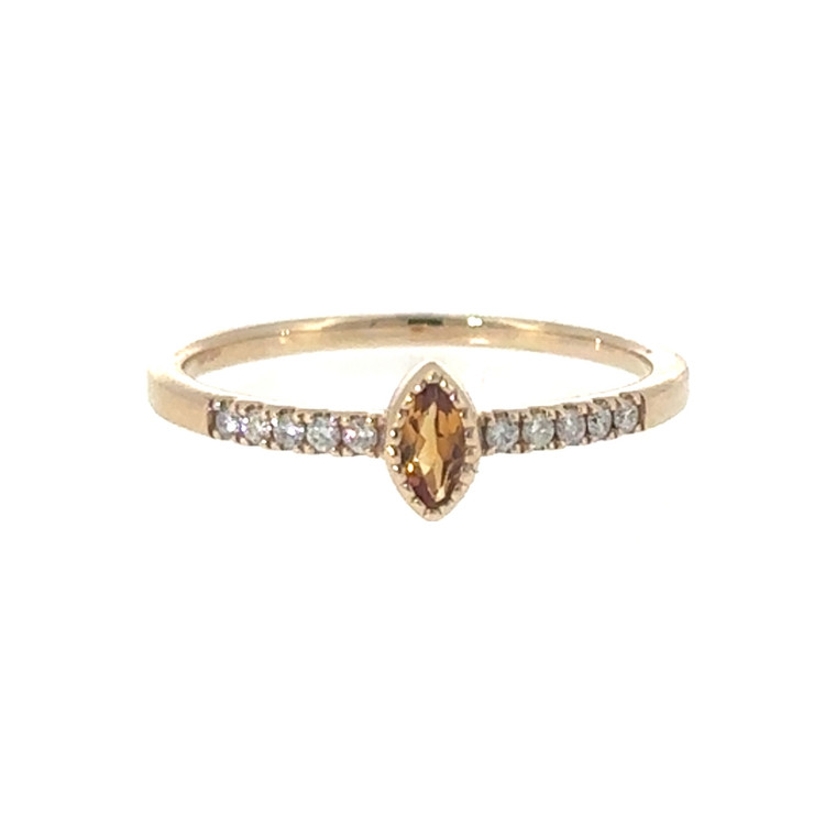 14K Gold .15tw Citrine Marquise with Bilateral .08tw Diamond Bezel Accents Ring Size 7