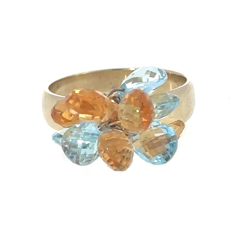 10K Gold 1.50tw Citrine and Blue Topaz Teardrop Dangle Cluster Ring Size 6.75