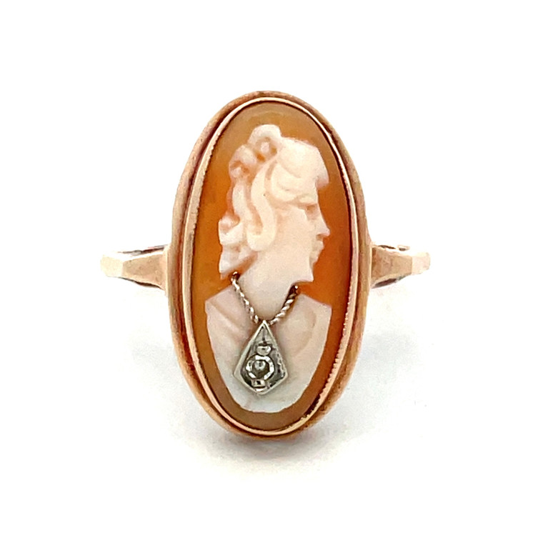 Vintage 10K Cameo Woman with Diamond Pendant Necklace Design Ring Size 5