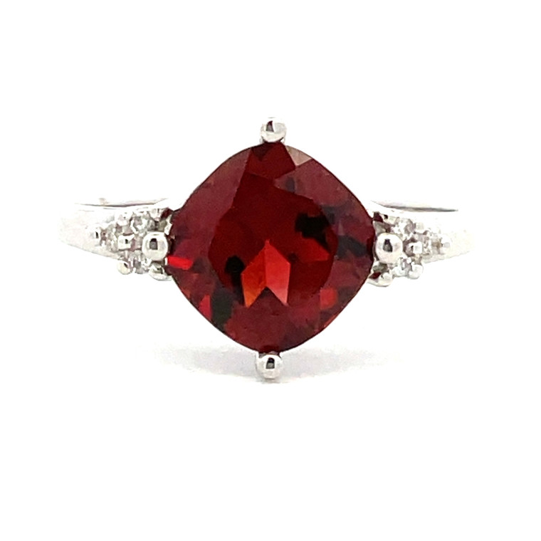 14K White Gold Cushion Cut Garnet with Round Diamond Accents Ring Size 6.75