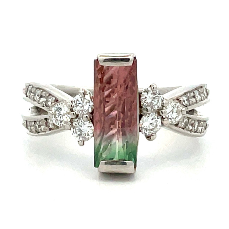 Platinum Rectangular AP 0.39ct Watermelon Tourmaline with AP 1.14cttw Diamond Accents Ring Size 5.75