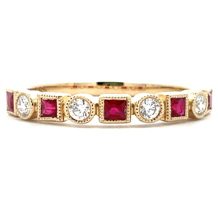 14k Yellow Gold .25cttw Square Rubies and 1/8cttw Round Diamonds Band Ring Size 6.5
