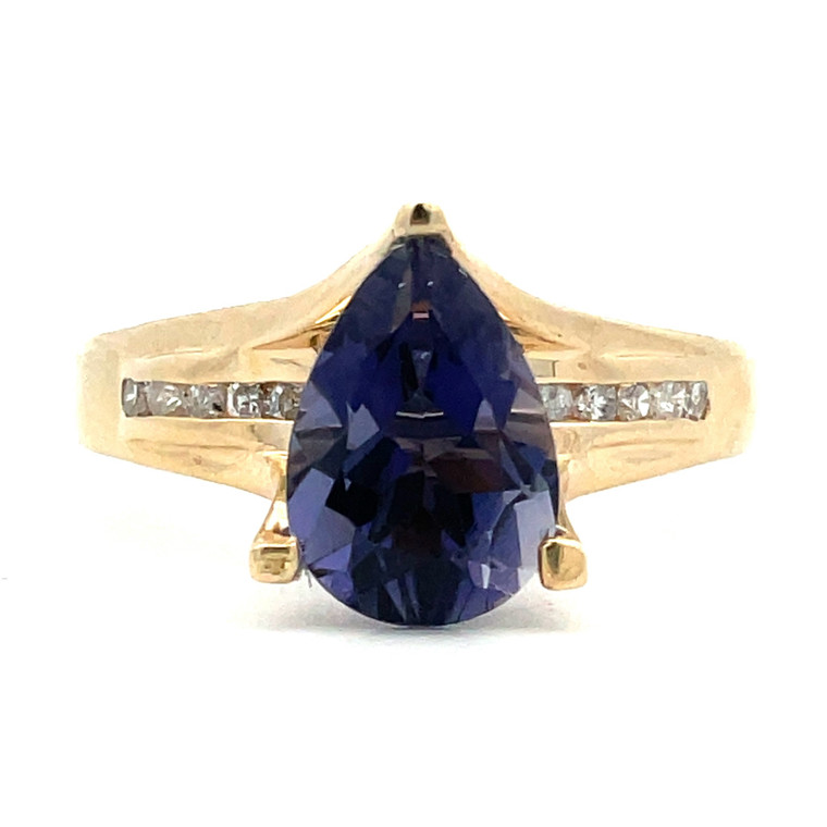 14K Yellow Gold Pear Teardrop Tanzanite Above Round Diamonds Band Ring Size 7