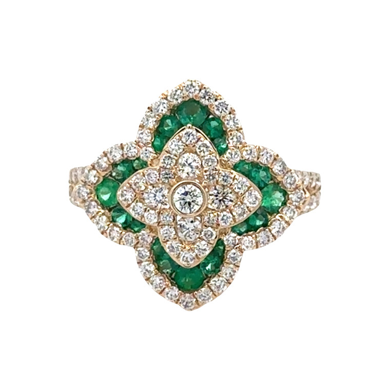 14K Gold 0.41tw Emerald Accented Petals with 1.00tw Diamond Clover Flower Ring Size 6.25