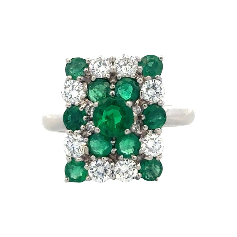 Platinum 900 Square Face 1.41tw Emerald Bezel Flower with 1.00tw Diamond Ring Size 5.75