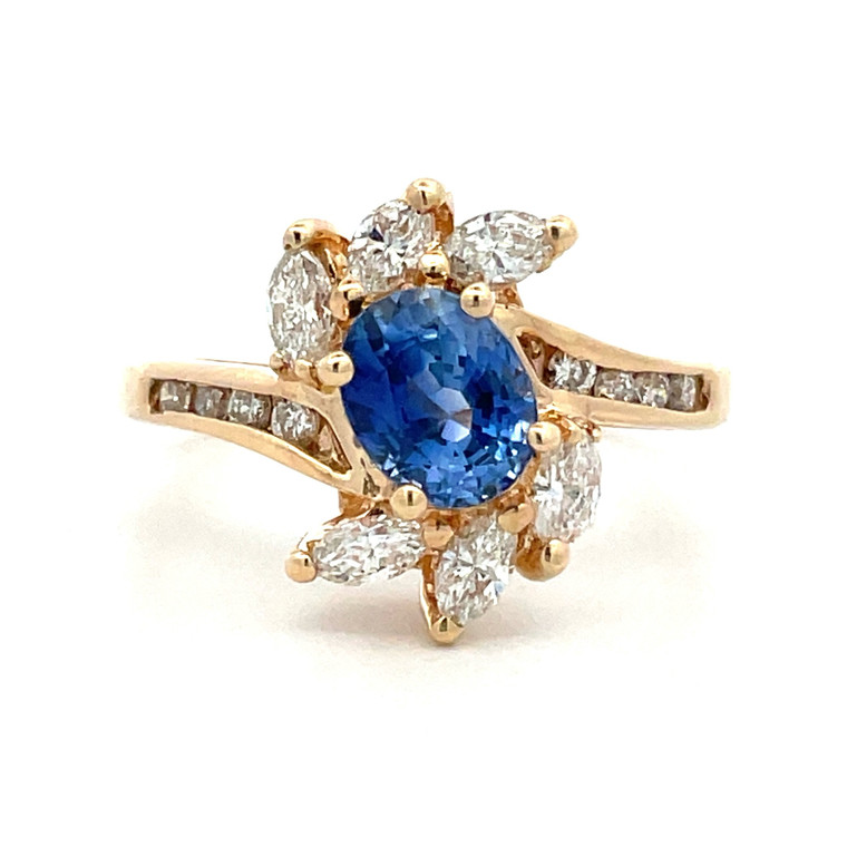 14K Yellow Gold Oval Cut Tanzanite with Marquise Diamond Accents Floral Ring Size 6