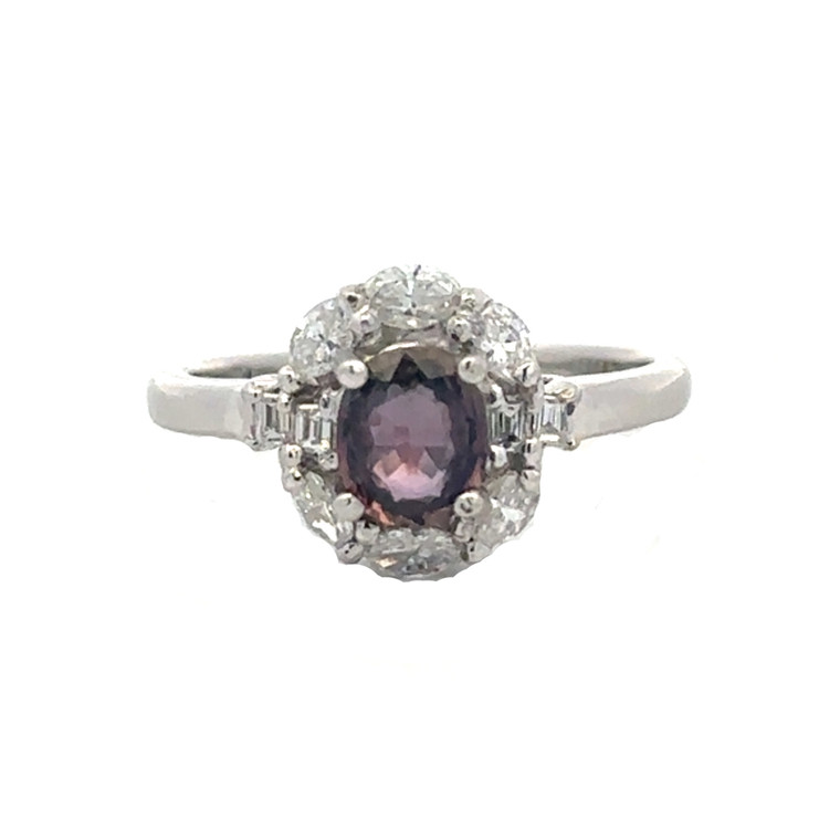 Platinum 900 .72tw Purple Sapphire Oval with .43tw Diamond Halo Ring Size 5.75