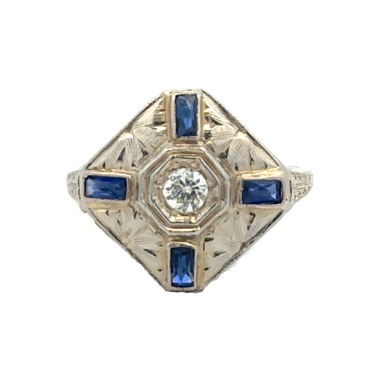 18K Art Deco 4-Synthetic Sapphire Rectangles with a Center Diamond Bezel Geometric Square Setting Ring Size 4.25