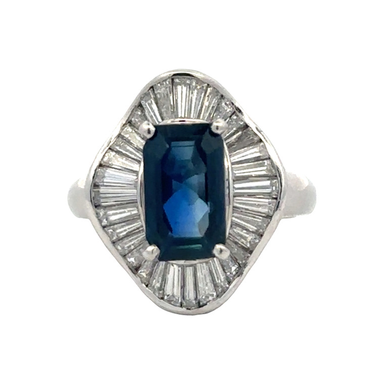 Certified Platinum 900 Ballerina Styled 3.34ct Sapphire Rectangle Surrounded with a 1.26tw Diamond Fan of Tapered Baguettes Halo Ring Size 5.5