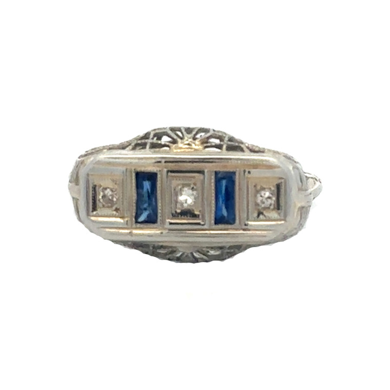 18K White Gold Double Sapphire Baguettes with 3-Diamond Bezels Art Deco Filigree Ring Size 5.75