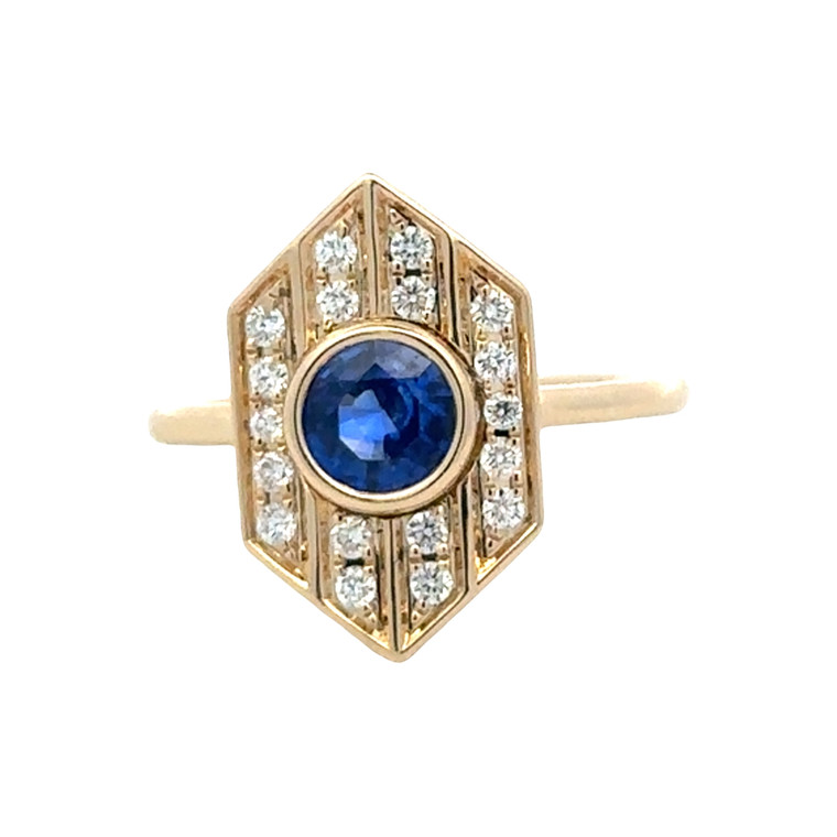 14K Gold .99ct Sapphire Circle with a .23tw Diamond Bezel Shield Ring Size 6.75