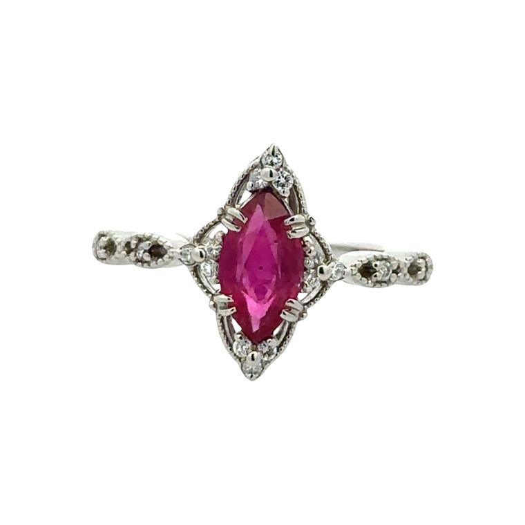 Certified Platinum 900 1.05ct Thai Ruby Marquise with .15tw Diamond Bezel Accents in a Vintage Floral Design Halo and Marquise Accents Ring Size 5.75