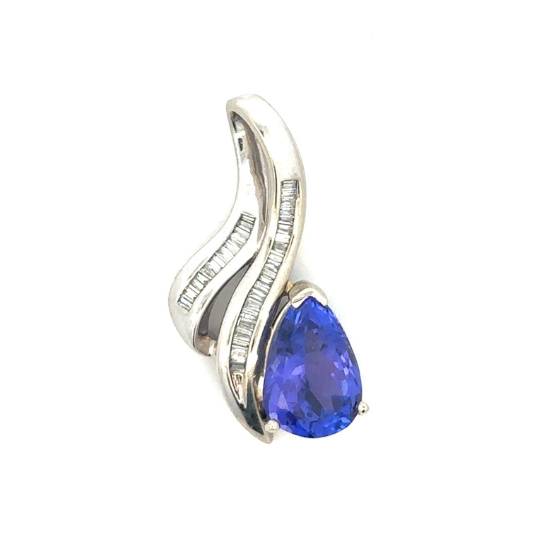 14K White Gold Tanzanite Teardrop with Flowing Double Band Diamond Baguette Accents Along the Bail Pendant