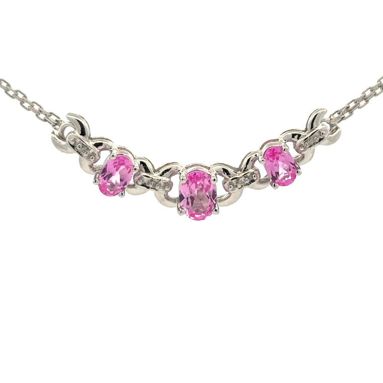 10K White Gold Alternating Pink Sapphire Ovals with Diamond Bezel Accents XOXO-Patterned Stationary Pendant Chain Necklace 17.5"